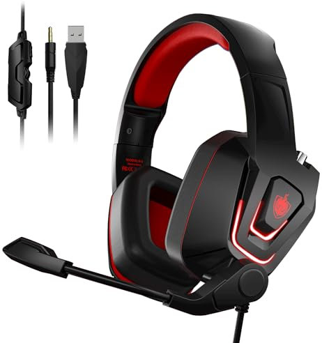 YOTMS Gaming Headset for PS4/PS5/X-box, 7.1 Surround Sound Over-Ear Headphones with Noise Cancelling Mic & Memory Foam Earmuffs, Compatible with PC, Switch, Laptops (Red)