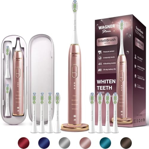 Wagner Stern IntelliBrush Series Whitening Electric Tandborste med trycksensor. Erbjuder 4 borstningslägen, 3 intensiteter, 8 mjuka borsthuvuden och ett lyxigt resefodral.