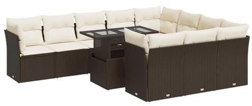 vidaXL 11-TLG. Garten-Sofagarnitur mit Kissen Braun Poly Rattan, Outdoor Sofa Set, Outdoor Sofagarnitur, Garten-Lounge-Set, Garten Sofagarnitur