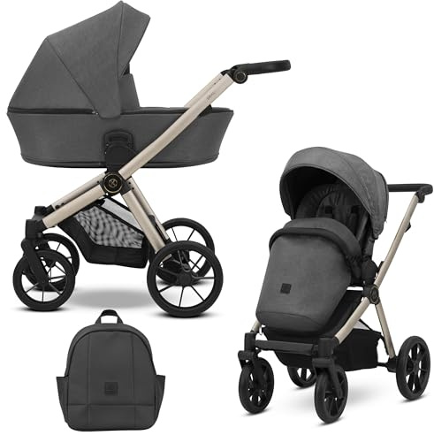 Kunert BRAV Passeggino 2 in 1 navicella sedile sportivo reversibile telaio in alluminio leggero comfort design copertura antipioggia zanzariera portabottiglie cestino zaino (Grafite)