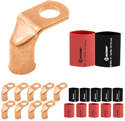 SELTERM 10pcs - 1/0 AWG 3/8 Stud 90° Bent Battery Lugs - Ring Terminal Connectors with 12pcs 3:1 Black & Red 3/4 Heat Shrink Tubing - Heavy Duty Battery Cable Ends - Bare Copper Wire Connectors Kit