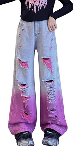 Maeau Girls Jeans Wide Leg Denim Pants Ripped Baggy High Waisted with Pockets Teen Casual Kids Gradient 10-11 Years