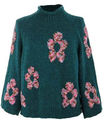 TEXTURE Ladies Women Italian Lagenlook Long Sleeve Funnel Neck Flower Pattern Wool Knit Jumper One Size (UK, Alpha, One Size, Regular, Regular, Teal)