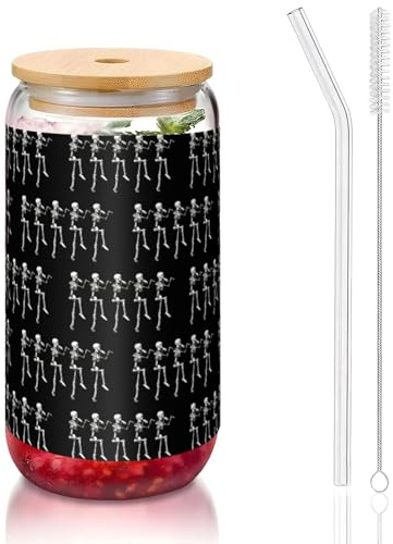 YBGHDAA Lot de 1 verre avec couvercle et paille - Motif tête de mort squelette - 473 ml - Idéal pour whisky, bière, thé