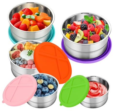 Boîte repas en acier – Lot de 5 contenants métalliques avec couvercles sûrs | Récipients empilables ronds résistants, contenants réutilisables pratiques pour salade, pique-nique, camping, cuisine
