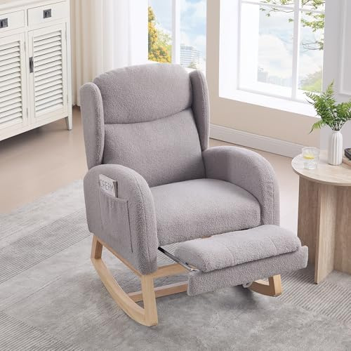 Generisch Schaukelstuhl, Stillstuhl, Lounge-Sessel mit Holzgestell, verstellbare Fußstütze, hohe Rückenlehne, Teddy-Stoff, mit Tasche, bequemer Akzentstuhl für Schlafzimmer und Wohnzimmer, Grau