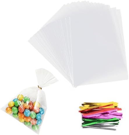 Wanheart 100 Stück Klarsicht OPP Beutel mit 100 Bunt Twist Ties – für Süßigkeiten, Kekse, Popcorn, Brot, Geschenkverpackung für Party, Hochzeit, Weihnachten (Transparent, 10x15 cm)