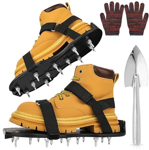 Yuaerbuo Handvertikutierer Rasenbelüftung Schuhe mit Schaufel und Handschuhen Geliefert, Rasenlüfter Schuhe Nagelschuhe mit Einen Verstellbaren Klettverschluss, Nagelschuhe für Rasen und Garten