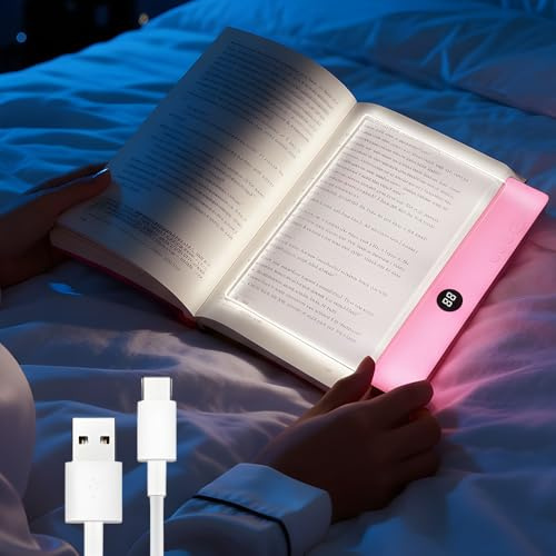 Book Light, Rechargeable Clear LED Flat Book Lights for Reading in Bed at Night with 3 Colors & Timer, Dimmable Panel Plate Book Lamp Full Page Light (Pink)