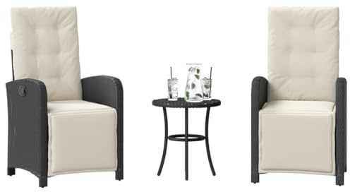 Kaloriko Ensemble de bistrot 3 pièces avec coussins, en polyrotin noir, fauteuil de relaxation réglable, résistant aux UV, pour jardin, balcon et terrasse