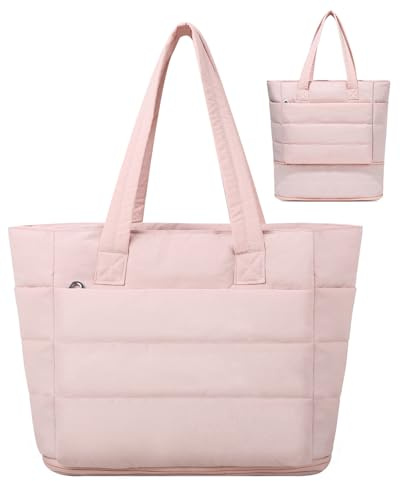 Outplea Expandible Bolso Tote Mujer con Cremallera, Acolchado Ligero Bolsa Shopper Tote Bag para Portátil 15,6, Grande Bolsos Bandolera para Trabajo Universidad Viaje, Rosa