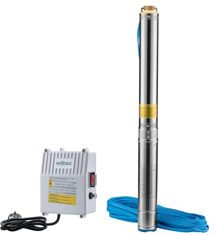 Wiltec 4 Djupbrunnspump 1100 W, vattenpump med flöde på 6000 l/h, dränkbar pump med max nedsänkningsdjup på 20 m