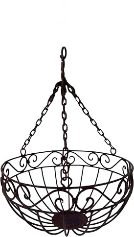 ecosoul Hängende Blumenampel Halbrund, Metall Verrostet, 50cm Hoch 30cm Durchmesser, mit 3 Ketten und Haken, Klassisch Vintage Shabby