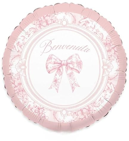 Pallone BENVENUTA nascita BIMBA bambina - ROSA con stampa FIOCCO VINTAGE - PALLONCINO in foil Mylar - 45CM - gonfiabile ad aria o elio - FORNITO SGONFIO