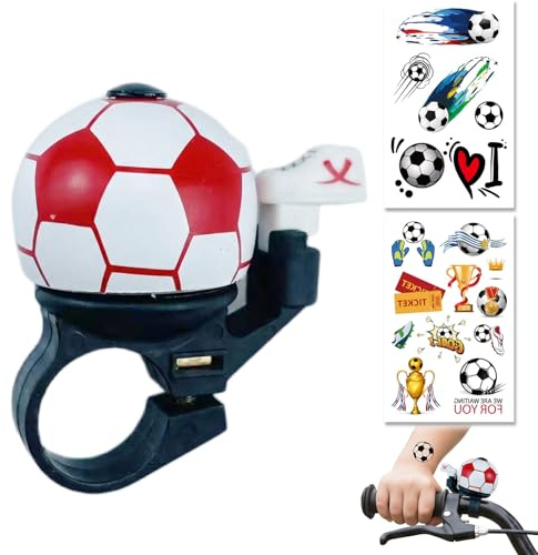 Fahrradklingel Kinder Jungen - Fußball Kinderfahrrad Klingel Rot inkl. 2 Glitzer Aufkleber, Lauter Ton Fahrradglocke für Laufrad & Fahrrad, Fußball Geschenke Jungen Fahrradzubehör