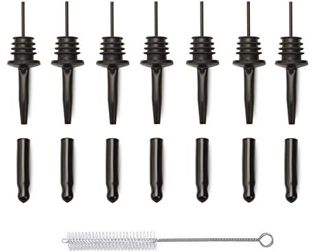 LEGERM 7 Piezas Vertedor de Botellas, Vertedores de aceit de Acero Inoxidable con Tapones Antipolvo de Goma y Cepillos de Limpieza, Metal, Dosificador Aceite para Vinagre de Aceite de Oliva (Negro)