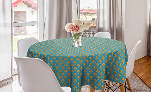 ABAKUHAUS Fleur De Lis Runde Tischdecke, Königliche heraldische Lilien, Kreis Tischdecke Abdeckung für Esszimmer Küche Dekoration, 150 cm, Orange Sea Blue