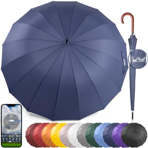 Royal Walk Groß XXL 54 inch Automatik Reise Golf Regenschirm für Damen und Herren Sturmfest Windsicher Leicht Klassisch für 2 Personen Holzgriff Wasserabweisend 16 Rippen Unisex 120cm