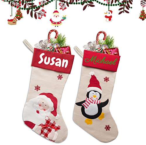 BYWEXCLESD Weihnachtsstrumpf Kamin Personalisiert mit Namen Personalisierte Christbaumschmuck Familie Kinder Junge Mädchen, 2er Set