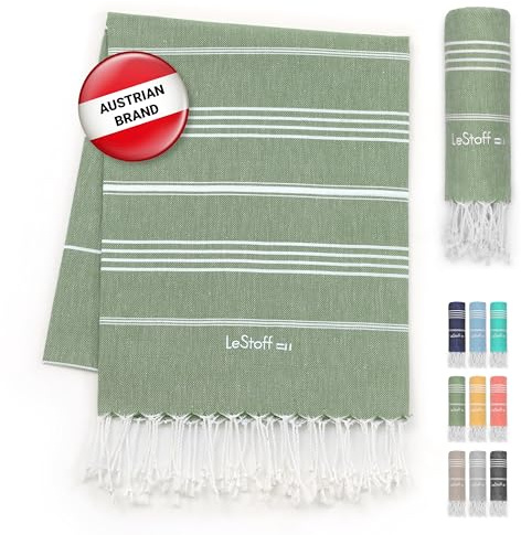 LeStoff XXL Hamamtuch Picknickdecke, 100% Bio-Baumwolle, 200x200 cm, Olive | Liegetuch für Strand, Yoga, Camping und Reise – sandfrei, vorgewaschen, nachhaltig, leicht, saugstark und schnelltrocknend