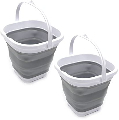 SAMMART 2,6L Super Mini Sqare zusammenklappbarer Kunststoffeimer – Faltbare quadratische Wanne – tragbarer Angelwassereimer – platzsparender Outdoor-Wassertopf (Grau (2er-Set))