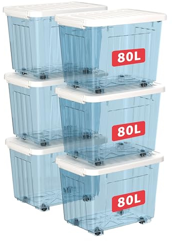 Cetomo 80L*6 Cajas de Almacenamiento con Tapas, Contenedores de Plástico con Ruedas, Clip On, Apilables, Encajables, Organizador Rayado para Oficina en Casa, Azul Claro, 80L-6 Pack