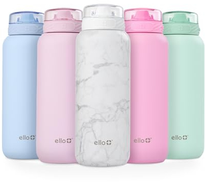 Ello Cooper 40oz Stainless Steel Water Bottle with Straw and Carry Handle, Double Walled and Vacuum Insulated Metal, Leak Proof Locking Lid with Soft Silicone Spout, Reusable, BPA Free, White Marble