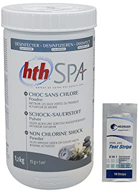 HTH Spa Choc sans Chlore Poudre - 1,2kg | Oxygène Actif Choc - Activateur de Brome - Désinfection Choc sans Chlore - Dissolution Rapide + 10 Tests HPS OFFERTS 6 en 1