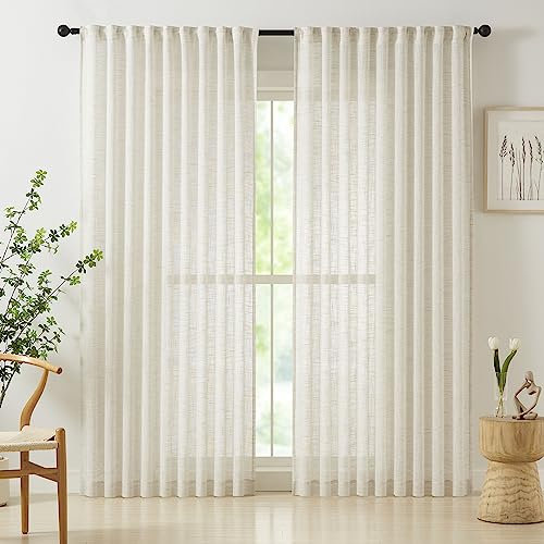 Linen Semi Sheer Curtains for Living Room 90inch Natural Farmhouse Curtain Panels for Bedroom Office Rustic Privacy Curtain Drapes for Kitchen Dining Room Pencil Pleat Beige 54w 2 Panels