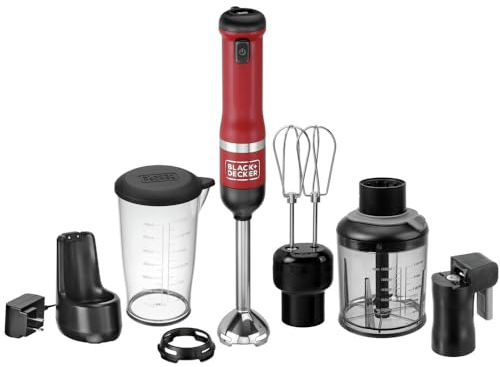 BLACK+DECKER Miscelatore a immersione senza fili 4 in 1, set di utensili multiuso, frullatore a mano con dock di ricarica, rosso (BCKM1014K06)