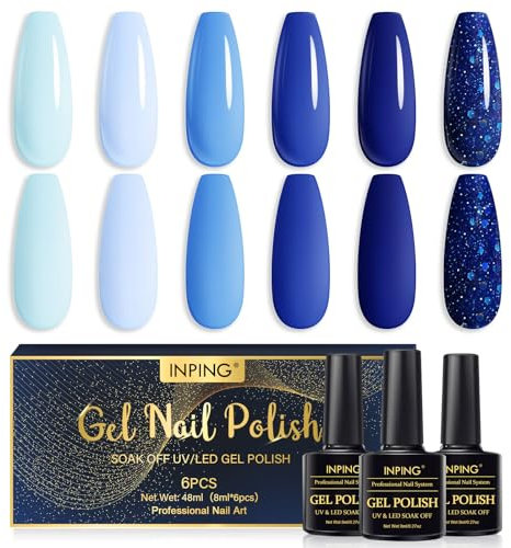 INPING UV Nagellack, 6 Farben Glitzer Blau Gel Set, Nagellack UV LED Soak-Off UV Gel Nail Polish für Anfänger Kunst Salon DIY, 8 ML