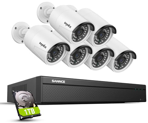 SANNCE Set di telecamere di sorveglianza PoE da 8 MP, per esterni, 6 telecamere IP PoE da 3 MP, per sorveglianza esterna e NVR 16 CH con disco rigido da 1 TB per videosorveglianza 24/7, registrazione