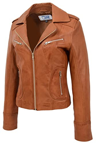 Divergent Retail Olivia Damen-Bikerjacke aus Leder, mit Reißverschluss, kurz, Hellbraun