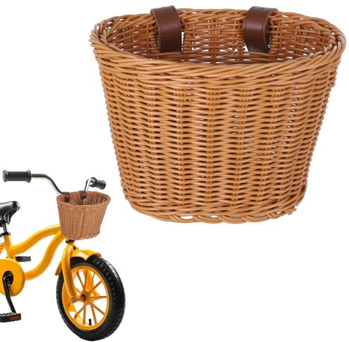Kid's Bike Basket Front,Bicycle Hanging Basket with Adjustable PU Belts,Weatherproof Premium Hand-Woven Plastic Storage Bicycle Basket for Boys Girls Bicycle Accessories (Brown)
