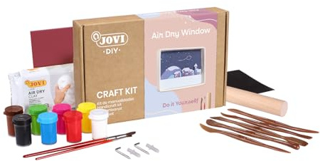Jovi - Kit de manualidades para hacer UN PAISAJE con arcilla secado al aire | Incluye pinturas y herramientas, DIY Air Dry Window, arcilla color blanca
