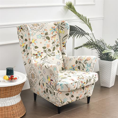 Hixingo Eegantes Blumen 2-Teilig Ohrensessel Überzug, Drucken Sesselbezüge, Abnehmbar Polyester Ohrensessel Bezug, für Wohnzimmer Schlafzimmer Hotel Sesselschoner (farbenfrohe Blumen)
