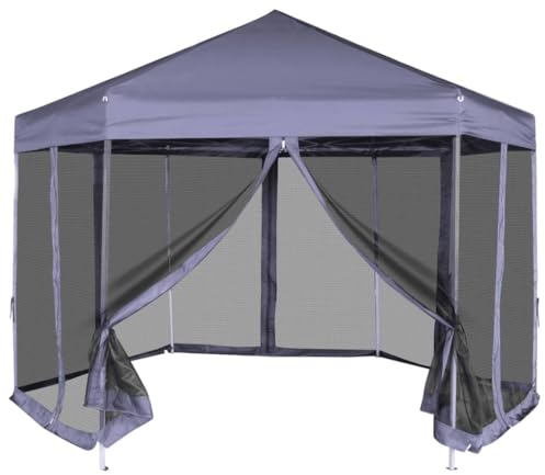 Home Outdoor OthersSechseckiges Pop-Up-Festzelt mit 6 Seitenwänden, dunkelblau, 3,6 x 3,1 m