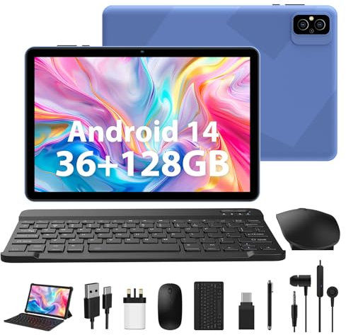 AXETOP 10 inch Tablet PC Android 14, 36GB RAM+128GB ROM (1TB TF), Quad-Core Processor, 5G WiFi丨BT 5.0丨8000mAh丨8MP+5MP丨Widevine L1, Tablet with Keyboard, Mouse, Case, Stylus, Earphones - Blue