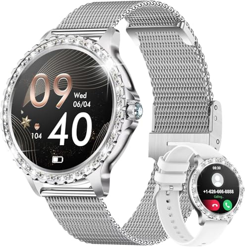 LIGE Smartwatch Damen mit Telefonfunktion, 1.32 Diamant Fitnessuhr für IOS Android, Menstruationszyklus, Herzfrequenz, Schrittzähler Armbanduhr, 500+ Ziffernblätter Smart Watch, Silber Mesh