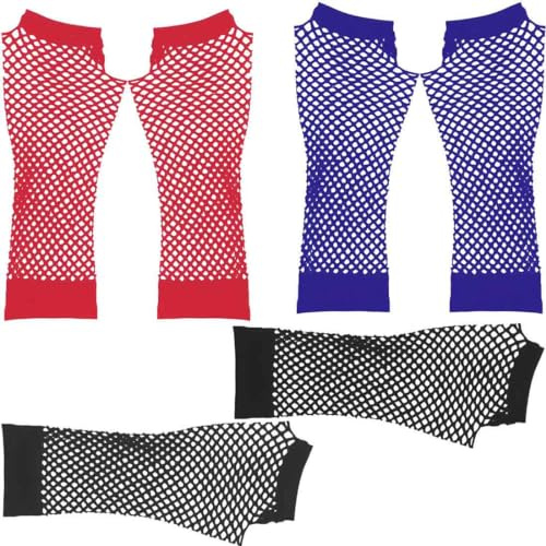 Karnevals Fischnetz Handschuhe, 3 Paar Netzhandschuhe Fischnetz Handschuhe Lang Damen Fingerlose Handschuhe, 80er-Jahre Retro Party Disco Maskerade Kostüm Zubehör Karneval, Mottoparty