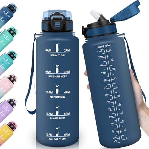 HoneyHolly Trinkflasche Sport 1.5L mit Strohhalm, Auslaufsicher, Wasserflasche, mit Zeitmarkierung, Trinkflasche Kohlensäure Geeignet für Outdoor, Radfahren, Fitness, Yoga