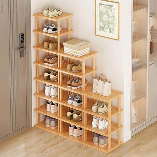 wicoanox Vertical Shoe Rack, 5/7/8 Tier Wooden Shoe Storage Organizer, Tall Narrow Shoe Rack Organizer, Space Saving, Skinny Shoe Shelf with Free Stackable DIY, for Entryway, Living Room, Bedroom XL