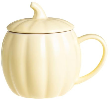 Herbst Deko Kürbis Keramik Kaffeetasse mit Deckel, Pumpkin Mug, Milchtasse für Halloween und Herbstdeko (Gelb)