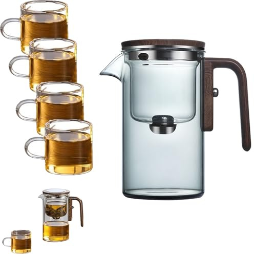 Enchantipot Magic Tea Pot with Infuser - Glass Teapot with Wooden Handle, Water Separation, Gray, 520ml + 4 Cups
