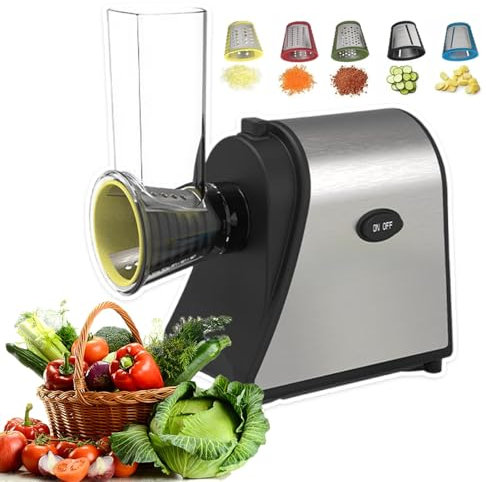 pedenencelia Grattugia Elettrica Formaggio,Affettatrice Elettrica Insalata 250 W,con 5 Lame Uso Domestico in Cucina,Facile Installare,Materiale Acciaio Inossidabile