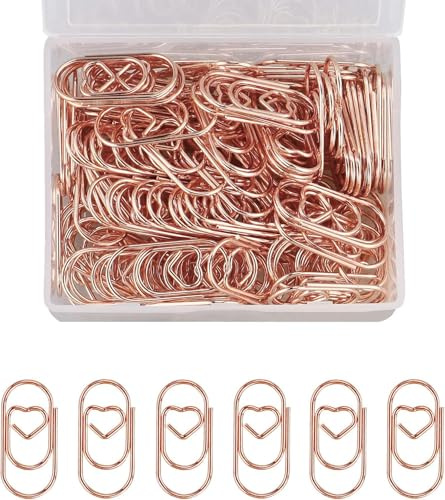 AMANDELIZABE Büroklammern, Herzform, Roségold, 140 Stück, mit transparenter Box