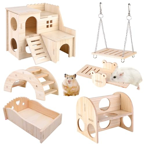 Vegena Set di 6 giocattoli per criceti in pino, tra cui casa, altalena, perfetto per coniglietti e animali di piccola taglia