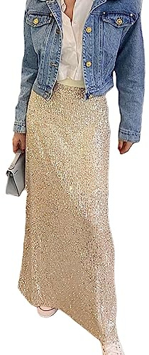 Pailletten Rock Damen Lang Glitzer Rock Niedrige Taille Party Rock Elegant Bleistiftrock A-Linie Tüllrock