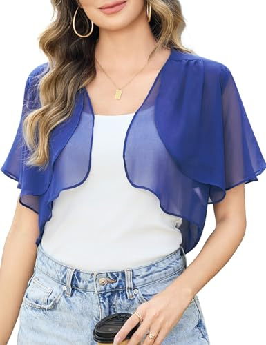 Aottori Bolero Azul Mujer Manga Corta Gasa Cardigan Verano Elegante Chaqueta Cárdigans Torera Ligero Puro Sólido Casual Chiffon Shrug Top para Fiesta Vestido Azul M