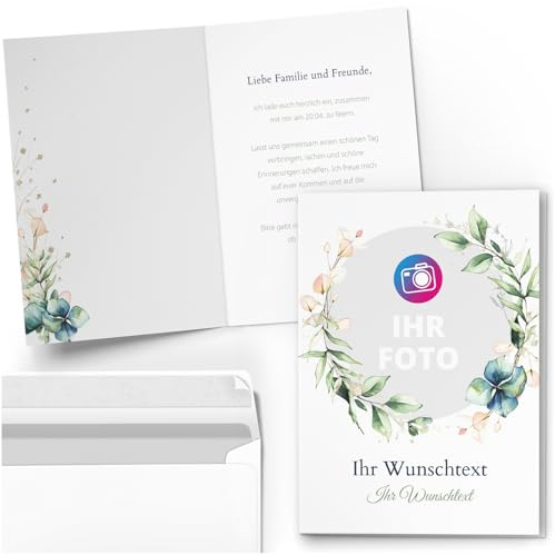 10 personalisierte Grußkarten Party Geburtstag Einladung Danke Karten | mit eigenem Text und Foto - Individuell anpassbare Karte Klappkarte mit Umschlag Eukalyptus Style